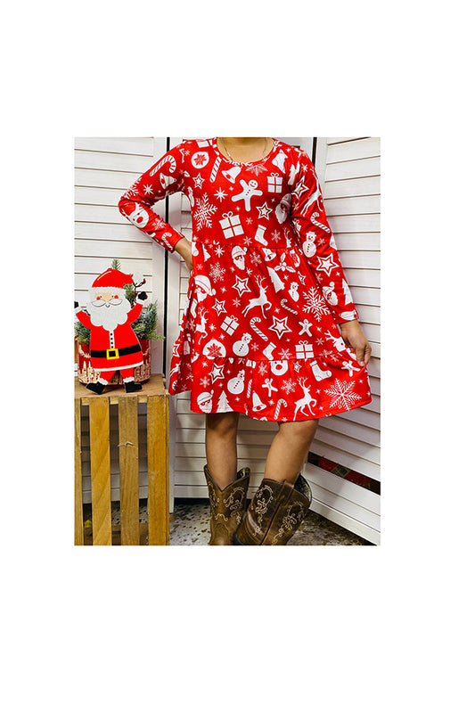 Kids Christmas print long sleeve falre dress XCH0017-1H