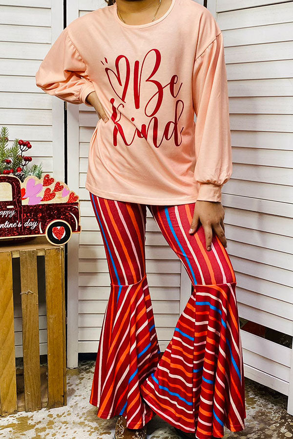 Western "Be Kind" top & striped bell bottom girls boutique set XCH0018-14