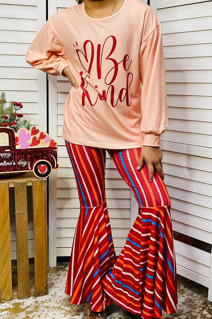 Western "Be Kind" top & striped bell bottom girls boutique set XCH0018-14