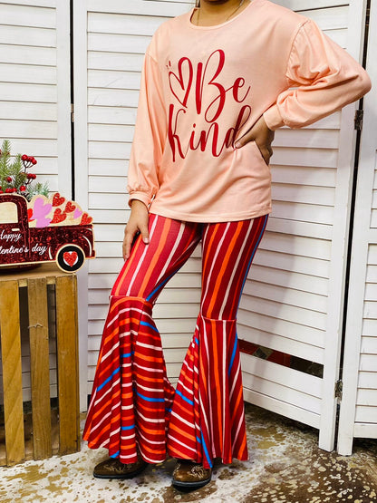 XCH0018-14 "Be Kind" heart print top & striped bell bottom 2pc girls sets