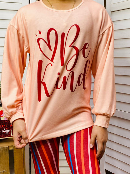 XCH0018-14 "Be Kind" heart print top & striped bell bottom 2pc girls sets