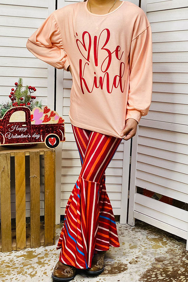 Western "Be Kind" top & striped bell bottom girls boutique set XCH0018-14