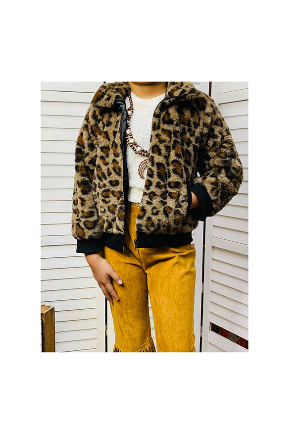 Kids Leopard Print Flannel Zipper Jacket DLH2643
