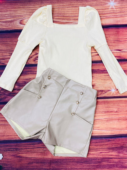 Cream long sleeve top & Leather shorts 2pc sets DLH2717