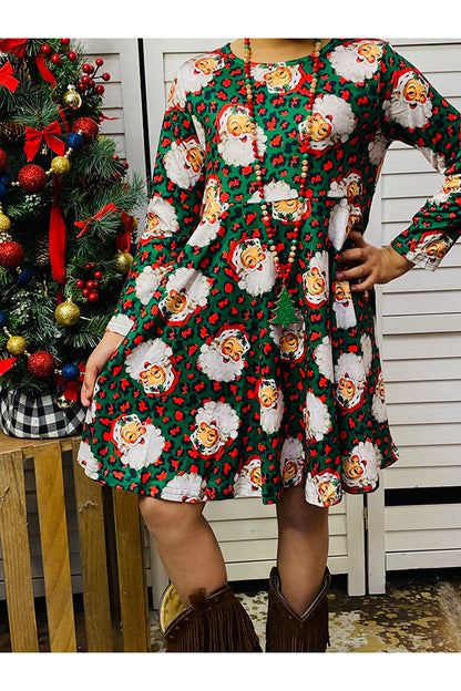 Kids Santas & Green leopard print long sleeve girls dress XCH0017-7H