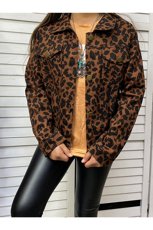 Kids Brown leopard printed long sleeve denim jacket DLH2583