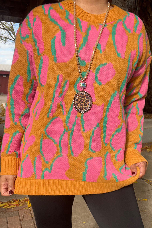 MY13394 Pink/yellow/turquoise leopard print long sleve sweater