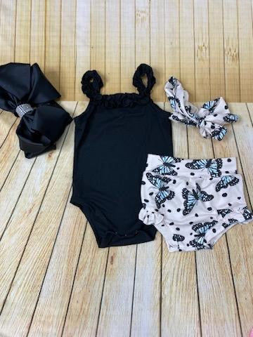 DLH2765 Black onesie & butterfly bloomer baby set w/headband