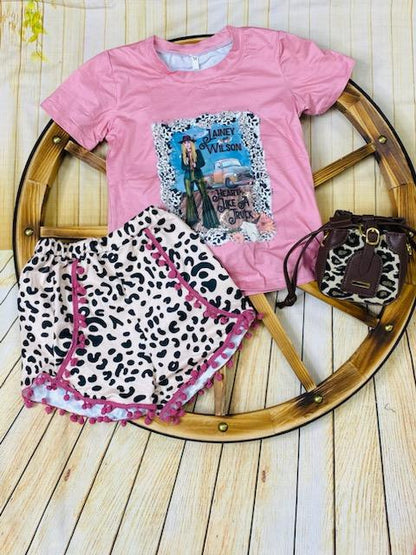 DLH2760 Pink printed top & leoarpd shorts 2pcs girls sets w/pompom