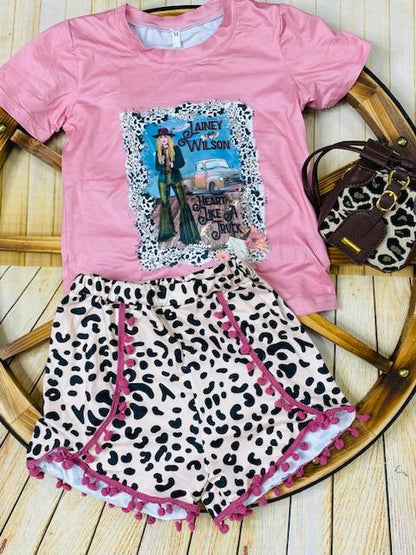 DLH2760 Pink printed top & leoarpd shorts 2pcs girls sets w/pompom