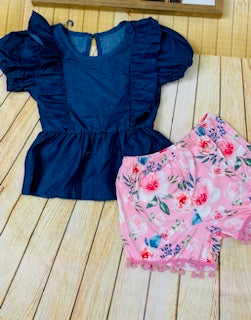 DLH2492 Denim top & Floral printed shorts 2pc girls sets