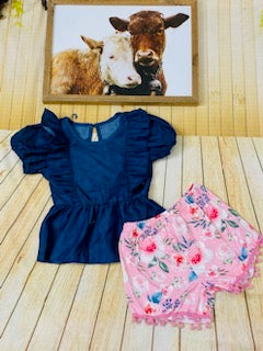 DLH2492 Denim top & Floral printed shorts 2pc girls sets