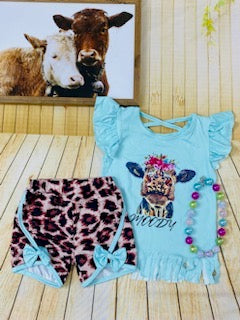 1133WY MOODY cow printed top  leopard shorts 2pc girls  set