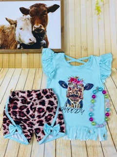 1133WY MOODY cow printed top  leopard shorts 2pc girls  set