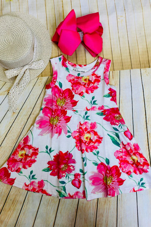 XCH0888-25H Hot pink floral print sleeveless girls dress