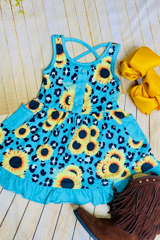XCH0888-15H Sunflower & Leopard print sleeveless girls dress w/pockets