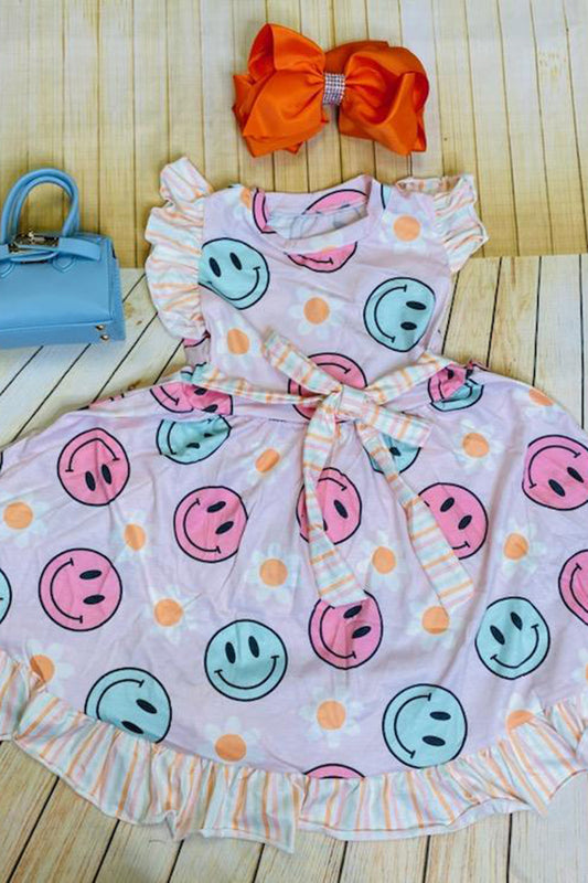 DLH2337 Pink & aqua smiley faces w/daisies print swirl dress