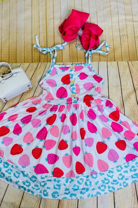 DLH2431 Kids strawberry sleeveless girls dress w/turquoise leopard trim