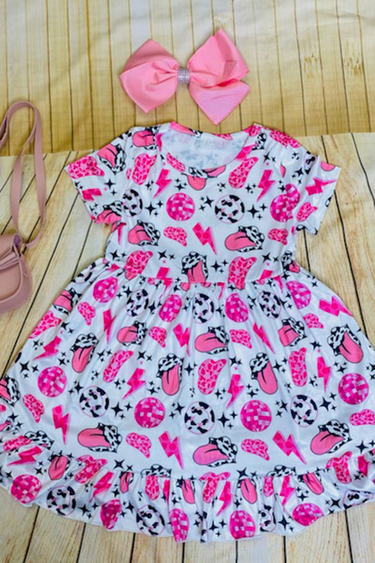 DLH1215-02 Pink, white, & black multiple retro prints short sleeve swirl dress