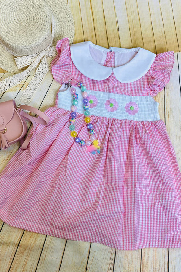 DLH2362 Pink flower embroidery flutter girls dress wholesale