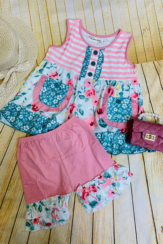 XCH0666-5H Pink striped & Floral printed top and shorts summer girl set