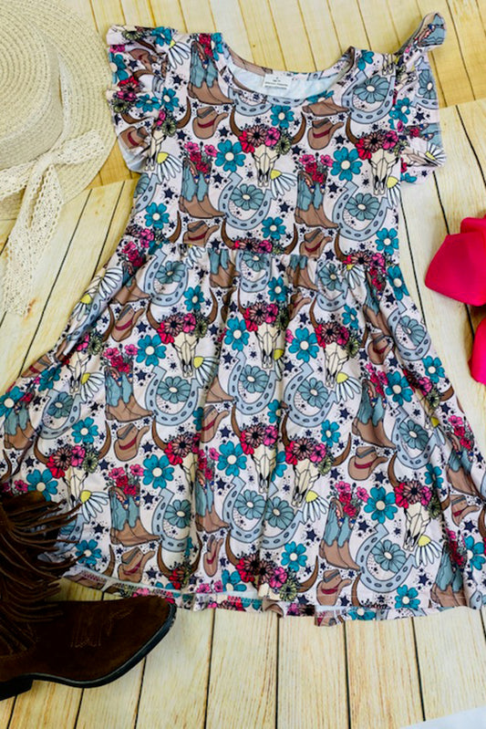 1110WY Western animal&floral print short sleeve girls dress wholesale