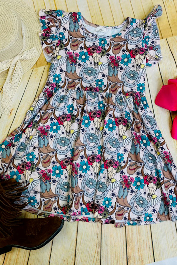 1110WY Western animal&floral print short sleeve girls dress wholesale