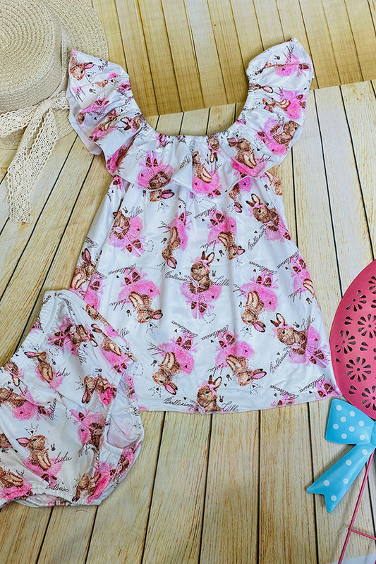 DLH1212-26 Pink Little ballerina bunny printed 2pcs girls sets
