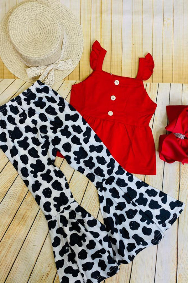 XCH0333-6H Red sleeveless top & cow printed bell bottom 2pc girls sets
