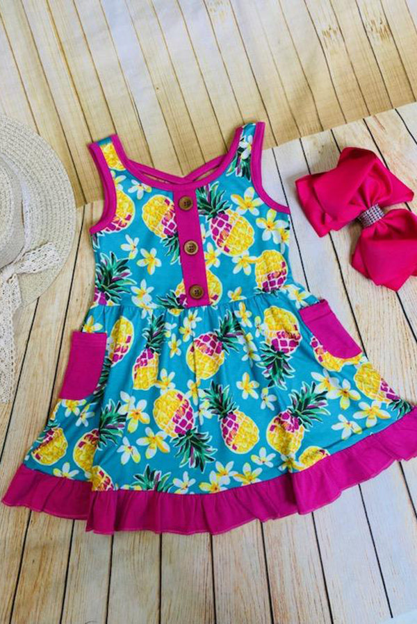 XCH0888-12H Pineapple printed sleeveless swirl ruffled girls dress