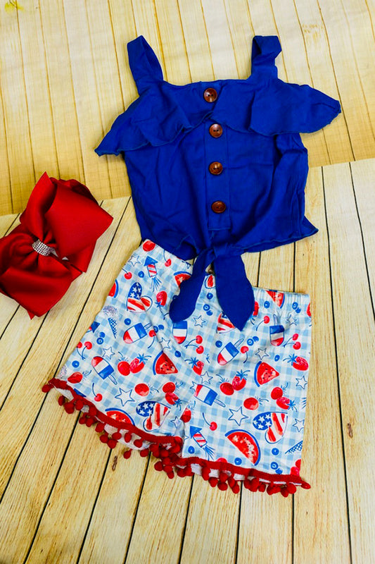 DLH2355 4TH JULY blue top & Stars Striped printed short girls sets