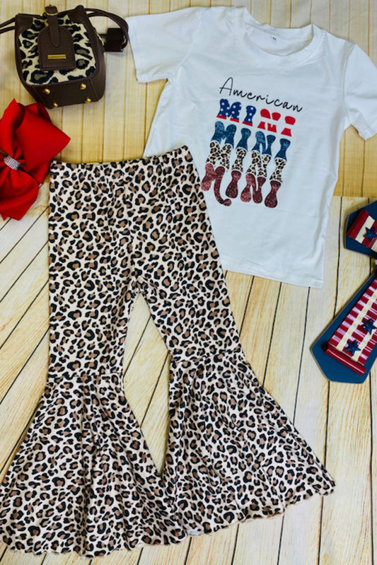DLH2763 4th July American MINI top leopard  bell bottom 2pc pant girls sets