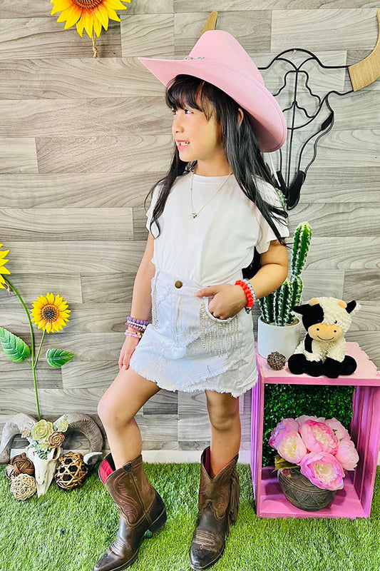 DLH2619 Solid white denim girls skirts w/rhinestone wholesale