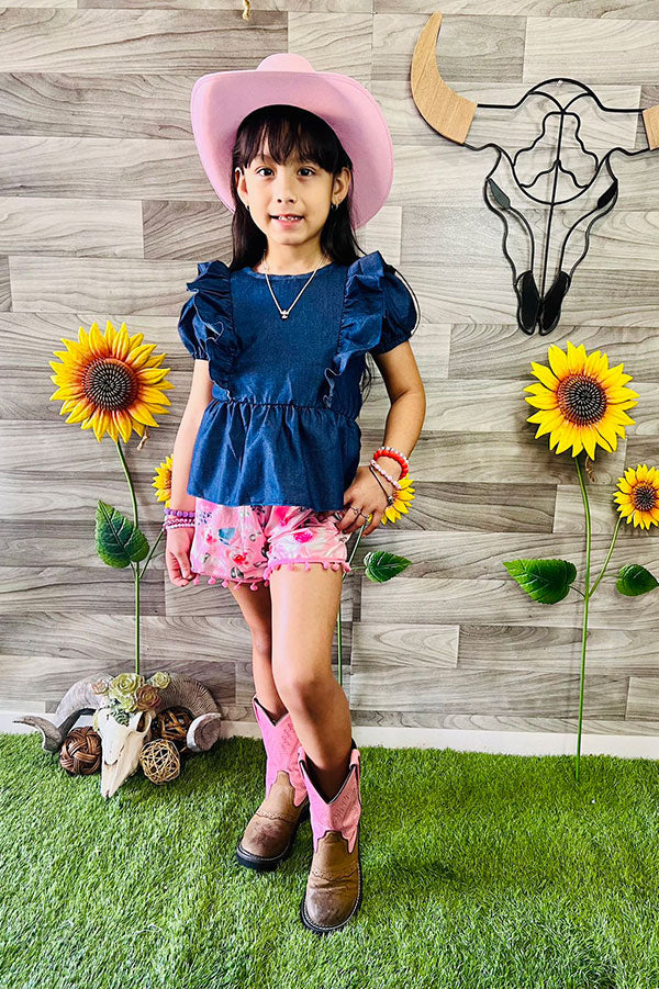 Western Denim top & Floral shorts girls boutique set DLH2492