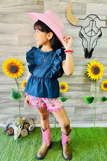 Western Denim top & Floral shorts girls boutique set DLH2492