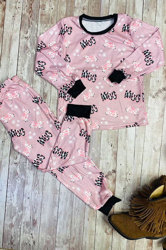 DLH0824-11 "MOO" and cows print 2pc long sleeve pajama set