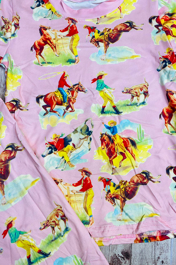 3755MZ Light pink cowboys w/horses western 2pc pajama set