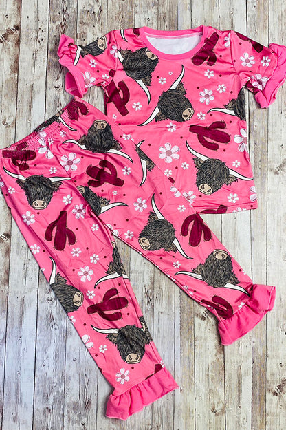 DLH2318 Cute cow&cactus print two piece girls pajamas clothing sets