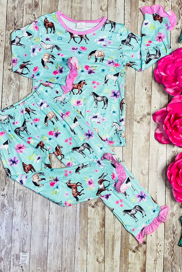 Horse & Flower printed long sleeve top & pant 2pcs girls pajamas sets 10237MZ