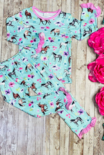 Horse & Flower printed long sleeve top & pant 2pcs girls pajamas sets 10237MZ
