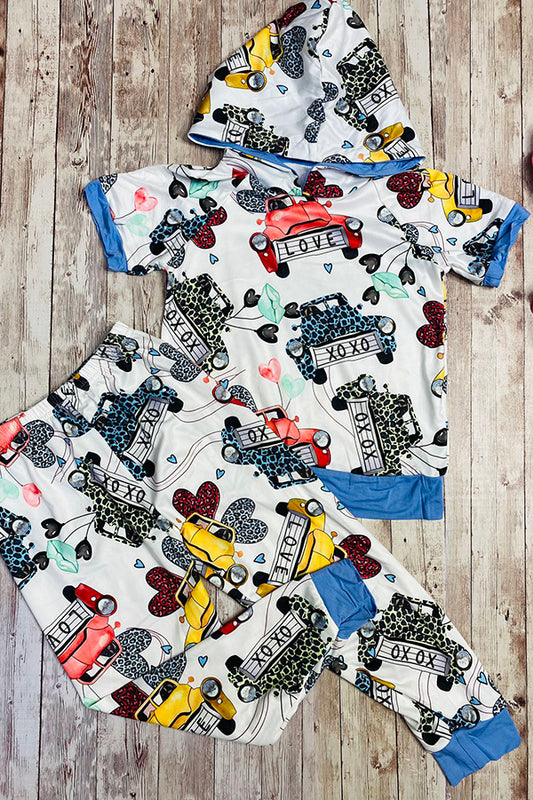 DLH0923-36 Animal print hearts and antique cars print 2pc short sleeve hoodie set