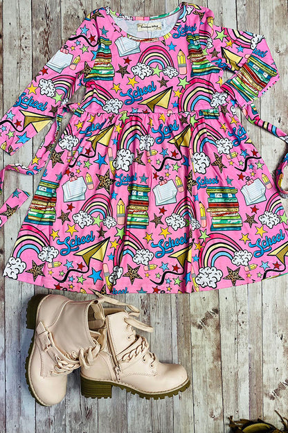 Multicolor "SCHOOL" pink long sleeve swirl dress XCH0888-6H