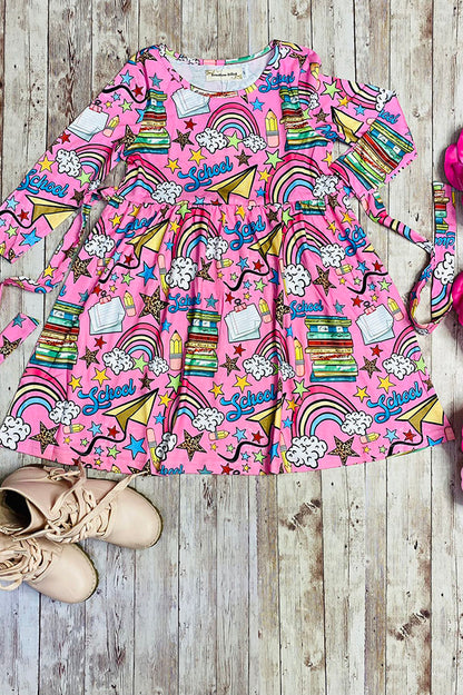 Multicolor "SCHOOL" pink long sleeve swirl dress XCH0888-6H