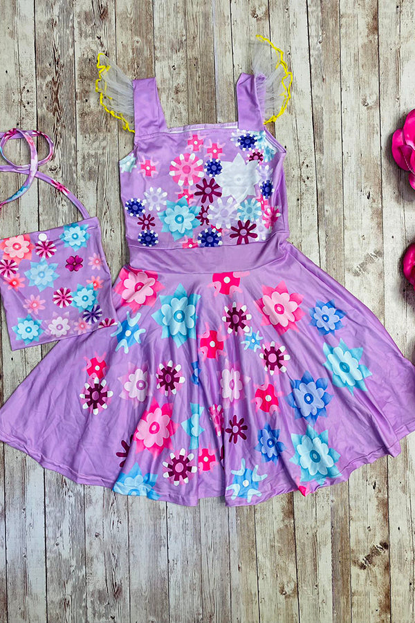 Cute light purple floral sleeveless w/matching crossover purse dress