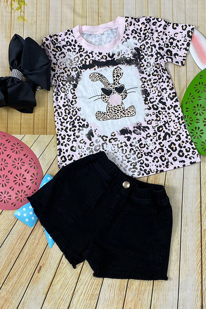 DLH2769 Leopard bunny printed top & black denim shorts 2pc girls sets