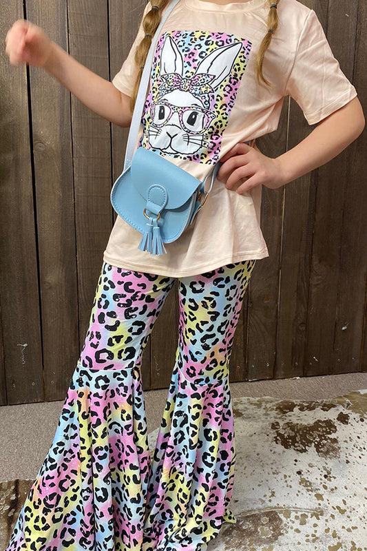 Colorful bunny cream short sleeve top leopard prints pant 2pcs girls sets DLH2739