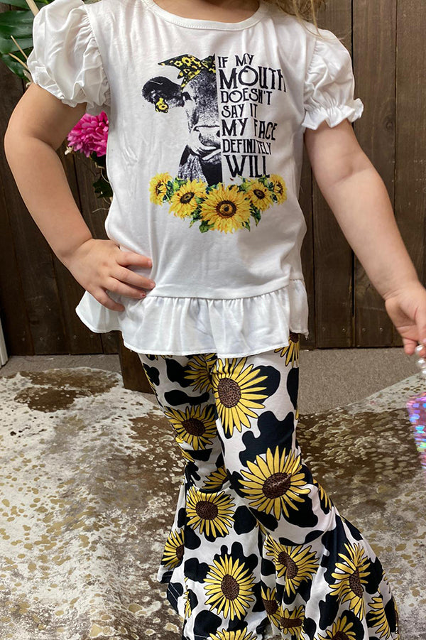 Cow & sunflower printed white top bell bottom 2pc girls sets XCH0015-10H