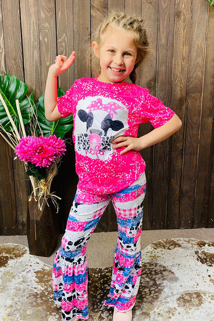 Western cute cow print pink top bell bottom girls boutique set 12155MZ