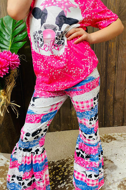 Western cute cow print pink top bell bottom girls boutique set 12155MZ