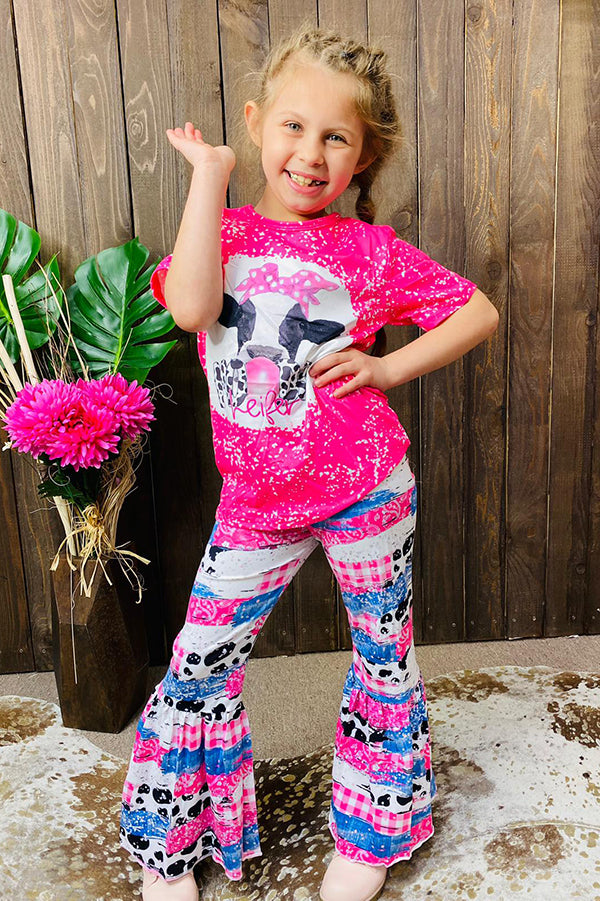 Western cute cow print pink top bell bottom girls boutique set 12155MZ